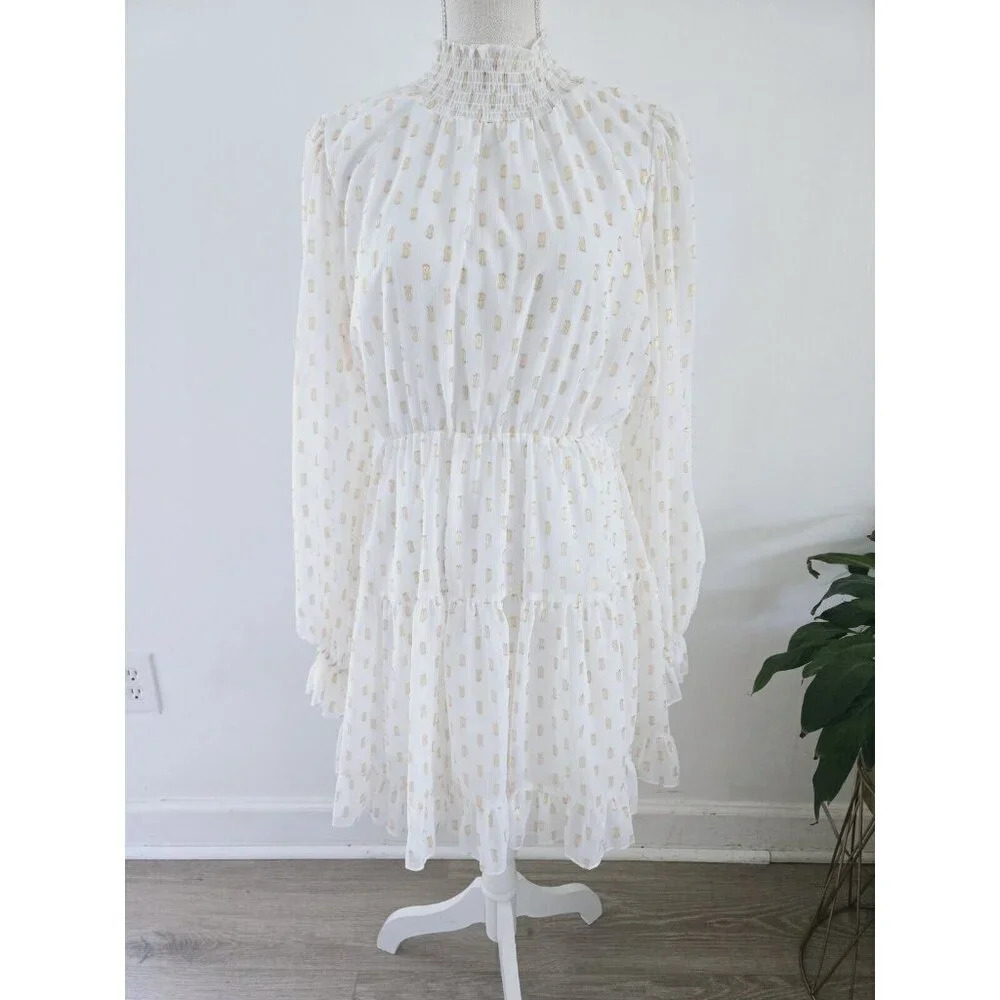 OPT O.P.T Lluvia White Gold Polka Dot Tiered Flowy Smock Neck Mini Short Dress S